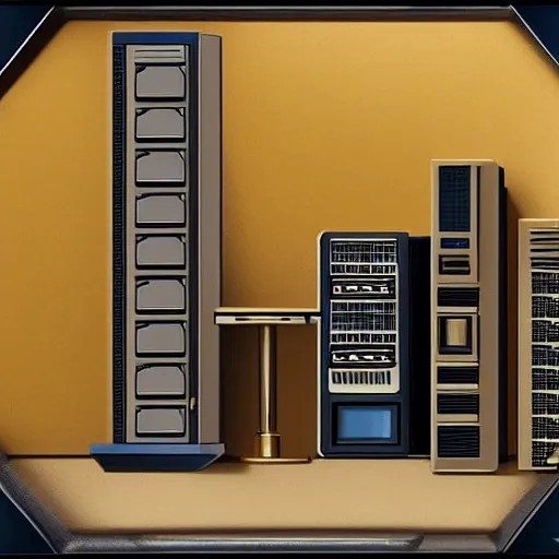 Prompt: isometric diorama box of a computer server bank room, gold, art deco, rust, worn, room full of computers