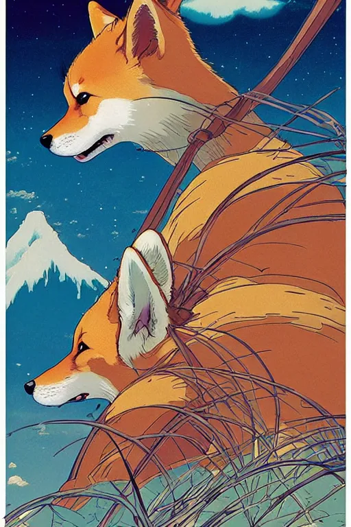 Image similar to poster of a shiba inu as a giant fox spirit, studio ghibli aesthetic, by yoichi hatakenaka, masamune shirow, josan gonzales and dan mumford, ayami kojima, takato yamamoto, barclay shaw, karol bak, yukito kishiro