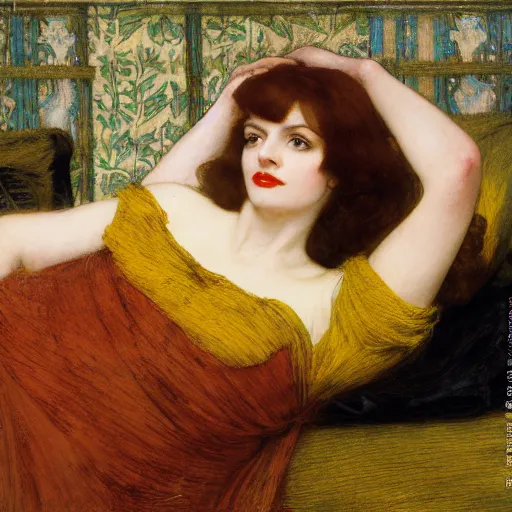 Prompt: portrait reclining on bed, hybrid of judy garland and camilla belle, aged 2 5, brown fringe, wide shot, yellow ochre ornate medieval dress, john william waterhouse, kilian eng, rosetti, john everett millais, william holman hunt, william morris, 4 k