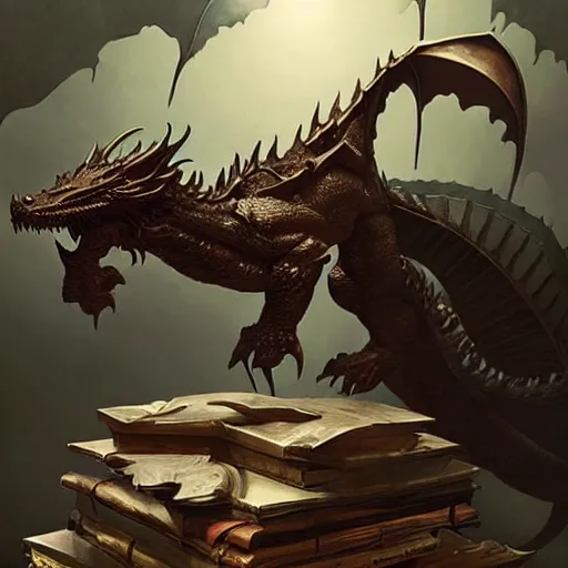 Prompt: bronze dragon sitting on a hoard of books, fantasy, dnd, art by greg rutkowski