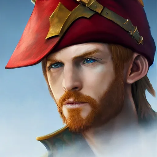 Image similar to handsome charming ginger rogue, long pointed ears, tricorne pirate captain hat, naval background, D&D, fantasy, portrait, cinematic lighting, highly detailed, digital painting, artstation, concept art, smooth, sharp focus, illustration, volumetric lighting, great composition, 8k, art by Greg Rutkowski