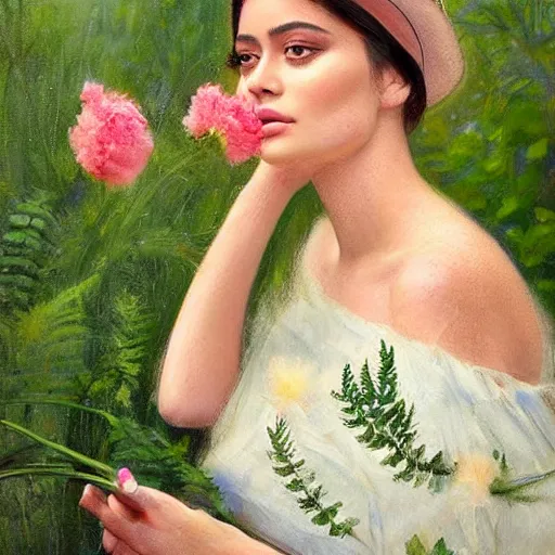 Image similar to happy very thick paint brush strokes paint texture full body fashion model kylie jenner by Jeremy Lipking by Hasui Kawase by Richard Schmid (((smokey eyes makeup eye shadow fantasy, glow, shimmer as victorian woman in a long white frilly lace dress and a large white hat having tea in a sunroom filled with flowers, roses and lush fern flowers ,intricate, night, highly detailed, dramatic lighting))) , high quality