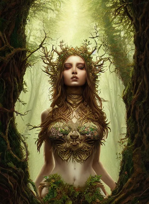 Image similar to digital painting goddess of the forest, symmetrical, fantasy, highly detailed, realistic, complex, fantasy, over - detailed, elegant, intricate, dynamic lighting, hyperrealism, digital art, digital painting, artstation, wlop, clear focus, illustration by filipe pagliuso and justin gerard