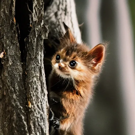 Image similar to a bat kitten, in a tree, Canon EOS R3, telephoto, very detailed, 4k