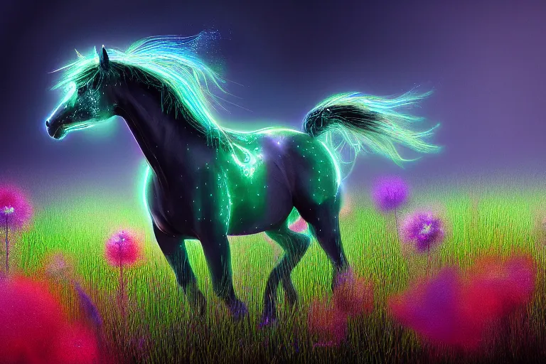 Image similar to a stunning digital painting of a horse with a mane of bioluminescent flowers running through a field of flowers by eddie mendoza, flowerpunk, volumetric light, digital art, fine detail, photorealistic