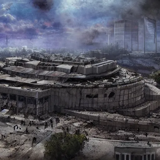 Image similar to the israeli parliament in destroyed, post apocalyptic, high quality, concept art