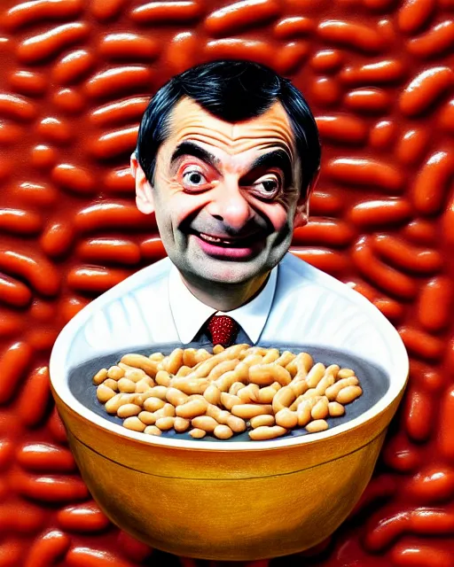 Image similar to portrait of mr bean smiling in a bowl full of baked beans, face fully covered in beans and tomato sauce, soft red skin, baked beans for eyes, rowan atkinson, mr bean face, oil painting, highly detailed