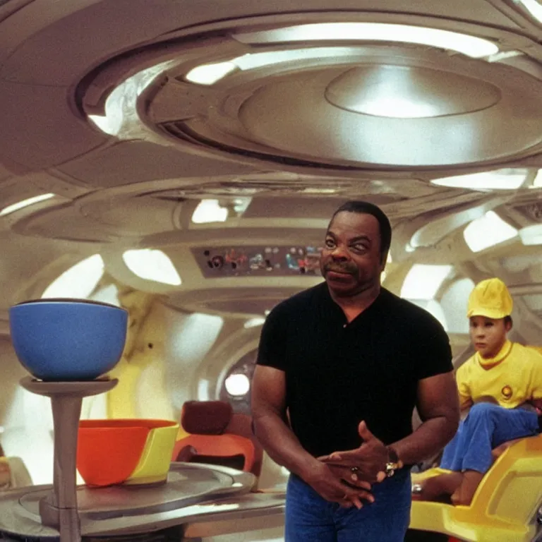 Prompt: levar burton wearing retro visor and frisbees and plastic mixing bowls on his head on the starship enterprise