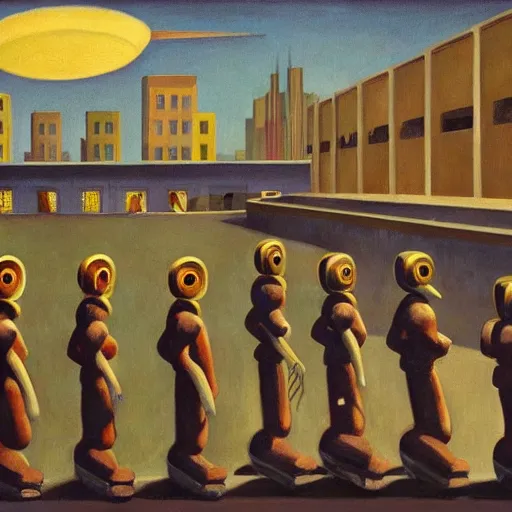 Image similar to drab human slaves on a conveyor belt, giant steel teeth, guarded by fascist robot overlords, brutalist facility, dystopian, pj crook, edward hopper, oil on canvas