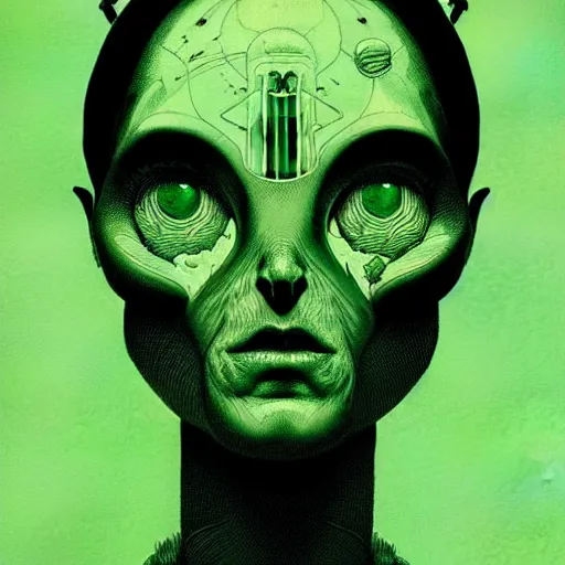 Image similar to portrait top light, by killian eng and joe fenton and martin deschambault and conrad roset, inspired by alien movie 1 9 7 9, green duotone print, etching, fine, sharp high detail,