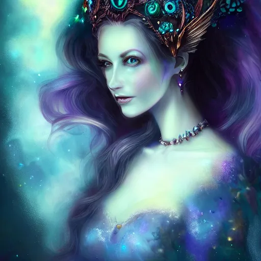 Image similar to detailed portrait of a dark fairy queen, crown, nebula wings, smiling, realism, pale blue, emerald, galaxy, sapphire,dark purple crown,leaves, moonlit, dark fantasy, dramatic lighting, cgsociety, artstation