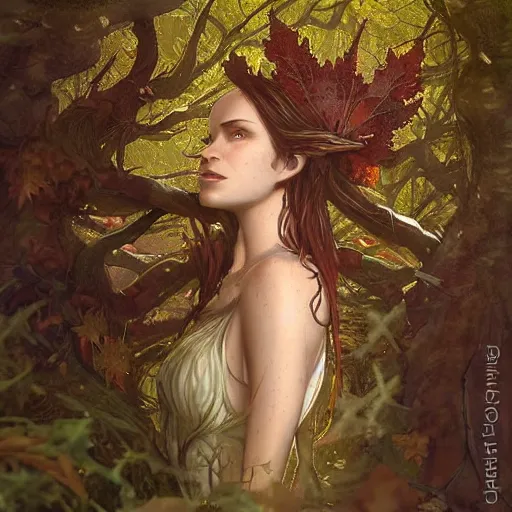 Image similar to portrait of a dryad, in a forest of fey autumn maples, her skin glistens with rainwater, she has a devilish smile and feline eyes, her hair intertwines with roots and foliage by greg rutkowski and brian froud and jessica rossier dark mysterious, filtered evening light