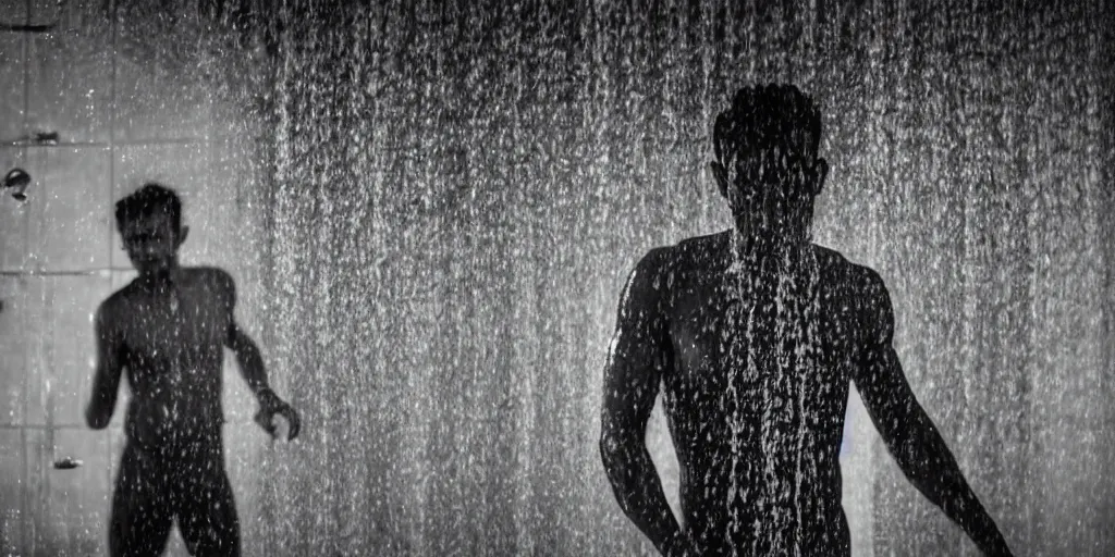 Image similar to sri lankan man in a shower, film still, psycho thriller movie style