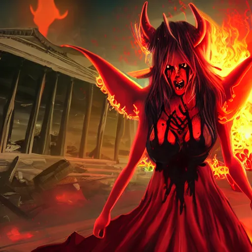 Prompt: super mad demon girl extreme anger with demon horns in a pretty black dress covered in blood with a human heart in her hand in front of a destroyed city in flames, super high detail picture