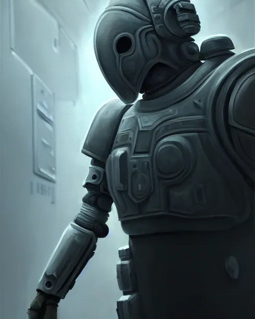 Image similar to ultra realist and ultra intricate detailed soft painting of a sci-fi armored male, no face, walking down futuristic hallway, sensual gloomy style, volumetric clouds, unreal render, depth of field