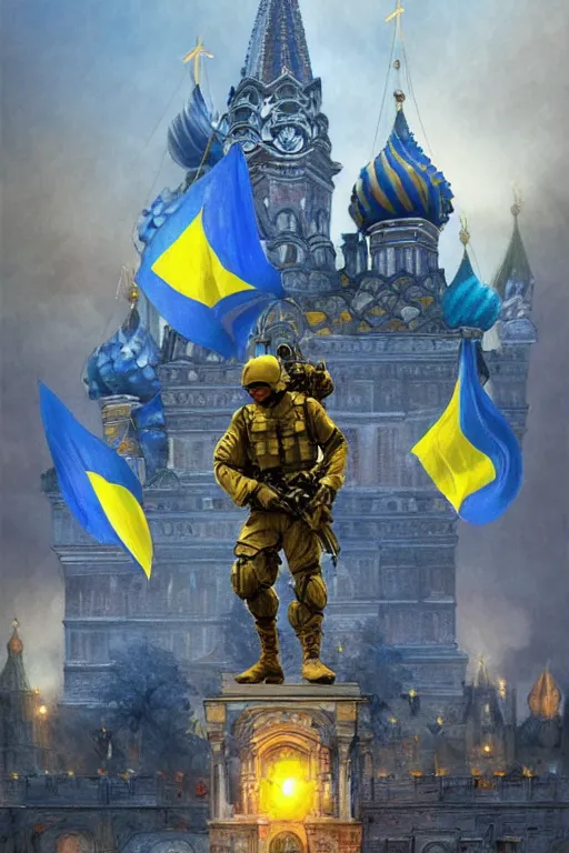 Image similar to special forces soldier installin ukrainian blue and yellow flag on red square kremlin, masculine figure, d & d, fantasy, bright atmosphere, volumetric lights, intricate, elegant, extremely detailed, digital painting, artstation, concept art, matte, smooth, sharp focus, hyper realistic, illustration, art by artgerm and greg rutkowski and alphonse mucha