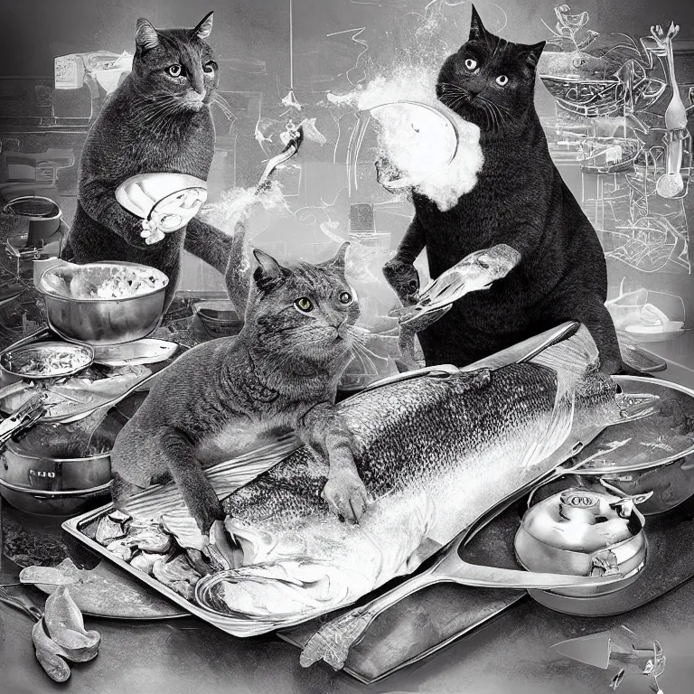 Prompt: “chef Alton Brown and a grey cat cooking a whole fish on iron chef, digital art, hyperdetailed, 8k”