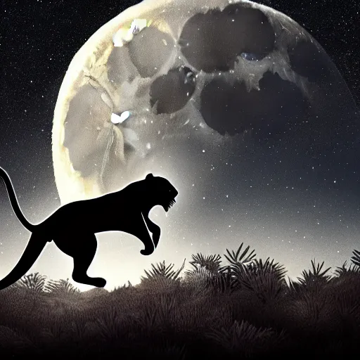 Image similar to a panther roaring at the moon in a forest during the night, large moon in the center. high quality. artistic. illustration. 4 k. cinematic. photoreal. highly detailed. dramatic. dark colors. night.