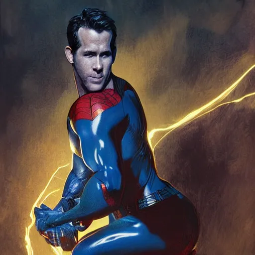 Image similar to ryan reynolds as a black and blue suit spider - man, cinematic, volumetric lighting, f 8 aperture, cinematic eastman 5 3 8 4 film, photorealistic by greg rutkowski, by stanley artgerm, by alphonse mucha