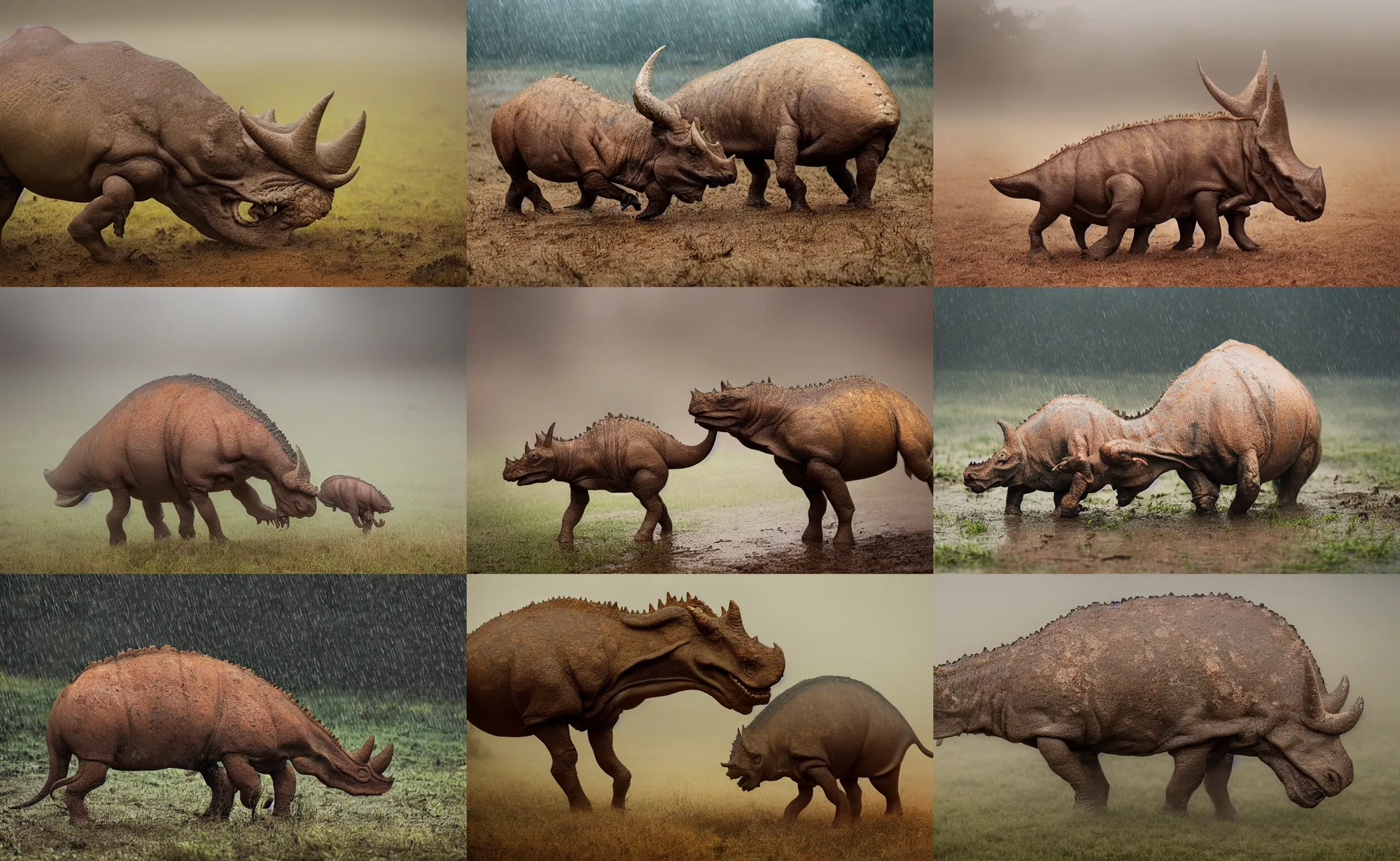 Image similar to nature photography of a rain soaked triceratops and her baby, african savannah, rainfall, muddy embankment, fog, digital photograph, award winning, 5 0 mm, telephoto lens, national geographic