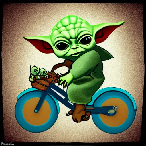 Image similar to baby yoda riding a bike