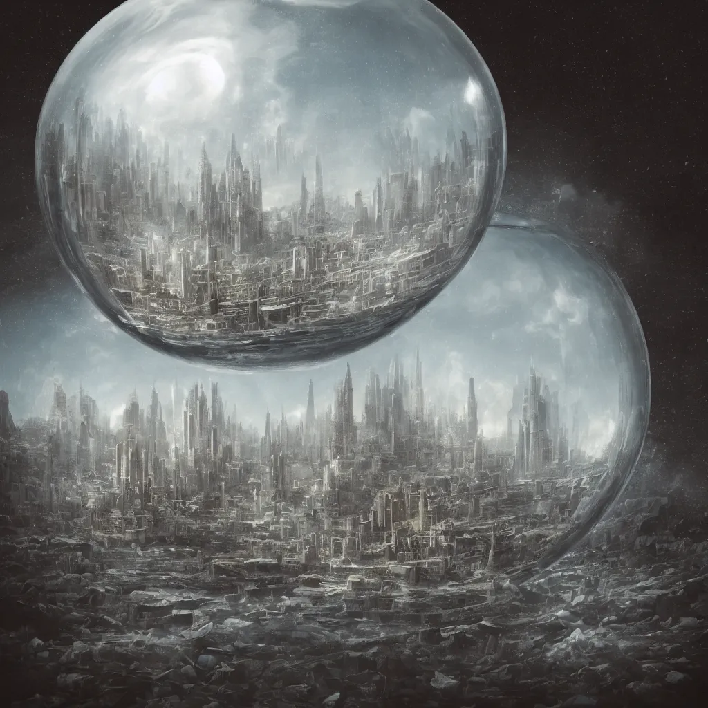 Prompt: a surreal dreamlike scene of a miniature city inside a transparent sphere, somber melancholic matte painting, highly detailed oil painting, liminal space, 8k, stillness, solitude, icy cold pale silent atmosphere, masterpiece