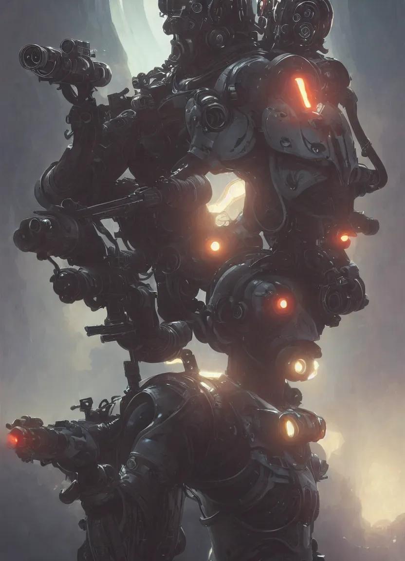 Image similar to cyborg alien bounty hunter with breathing apparatus holds gun pointing up, intricate, elegant, highly detailed, digital painting, artstation, concept art, matte, sharp focus, illustration, art by artgerm and greg rutkowski and alphonse mucha