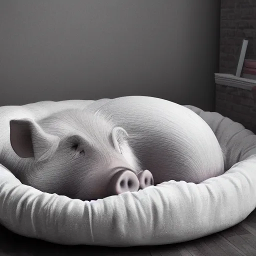 Prompt: hyper realistic image of a pig sleeping in his bed it night