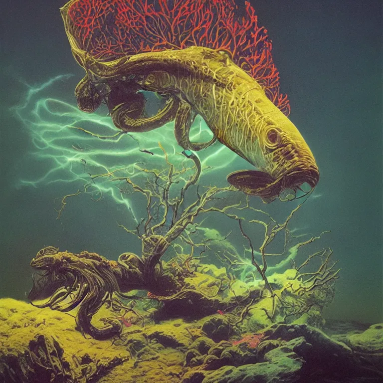 Image similar to Hyperrealistic intensely colored studio Photograph portrait of a deep sea bioluminescent Electric Kaiju Eel sitting in a lawn chair, award-winning nature deep sea oil painting by Audubon and Zdzisław Beksiński vivid colors hyperrealism 8k