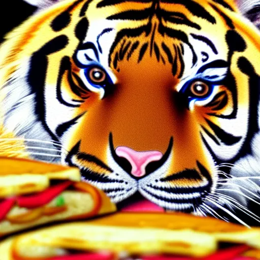 Prompt: a tiger eating a toasted sanwich,photorealistic,detailed face,8k