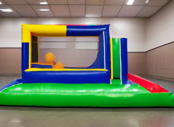Prompt: photo still of a bounce house in prison!!!!!!!! at age 3 6 years old 3 6 years of age!!!!!!!! inmated jumping in it, 8 k, 8 5 mm f 1. 8, studio lighting, rim light, right side key light