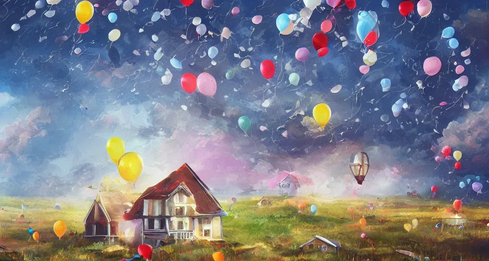 Image similar to House being lifted by hundreds of balloons in the sky, stormy weather, painted landscape, artstation