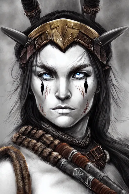 Prompt: head and shoulders portrait of a barbarian, female, high fantasy, dnd, arvalis detailed, sakimichan
