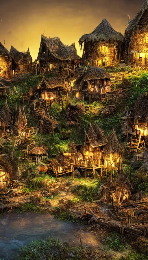 Image similar to a ground photo of a goblin village near a river at night, photorealistic, 8k, high detail, high quality, dramatic lighting, HDR