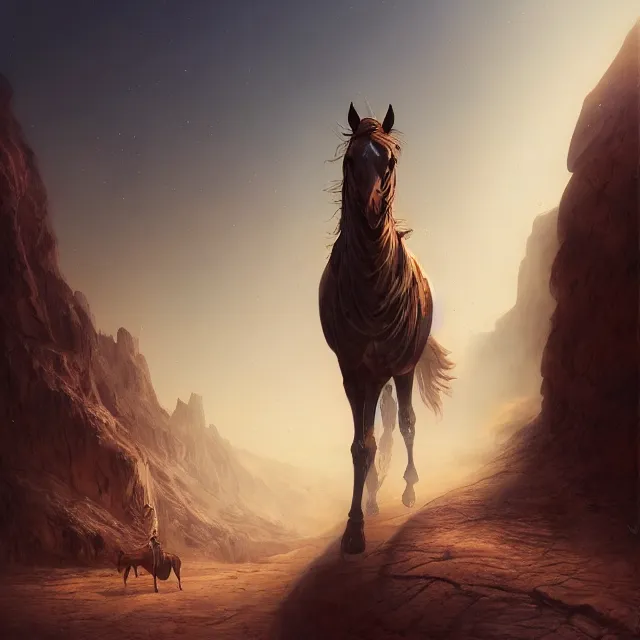 Image similar to arabian horse in the desert, environment, illustration, symmetrical, smoky, unreal engine, colors, epic scene, fantasy art by greg rutkowski,, golden raito, high quality, intricate details, details, intricate, atmosphere, highly detailed, matte painting, cinematic, deviantart, realistic, concept art, 4 k