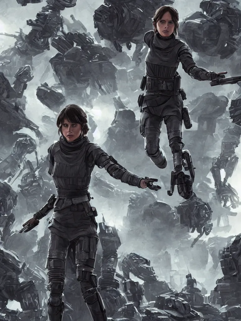 Prompt: expressive full body photo of jyn erso on a throne of robot arms, decolletage, confident pose, coherent, insane detail, concept art, character concept, cinematic lighting, global illumination radiating a glowing aura