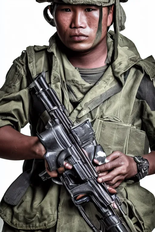 Prompt: a full body photograpah of a burmese rebel soldier, close up photography, f / 2 0, 3 5 mm, 4 k, 8 k, studio lighting, award winning photography