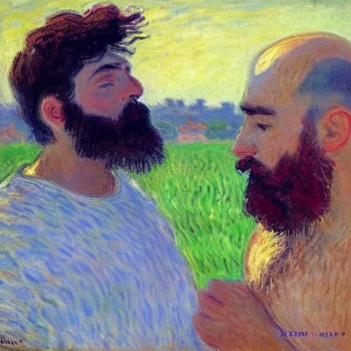 Prompt: monet painting of a bearded man with shaved head kissing a soccer ball, intimate, beautiful, highly detailed, realistic,