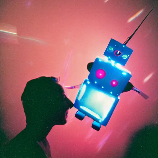 Image similar to a robot riding a pink unicorn in space, cinestill 8 0 0 t, award winning photograph, taken in 1 9 8 3