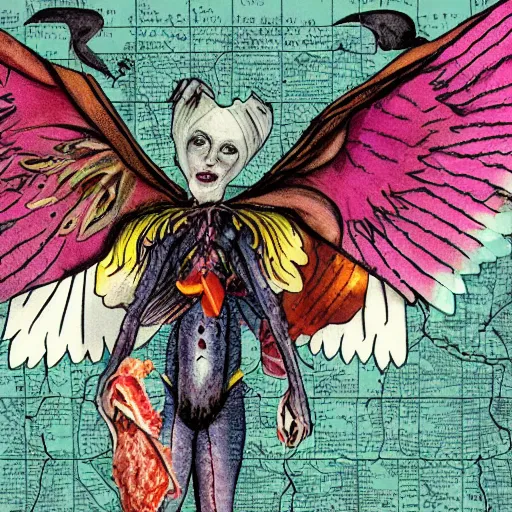 Image similar to A banshee with large and colorful wings kneels down by an old paper map while eating a piece of meat.