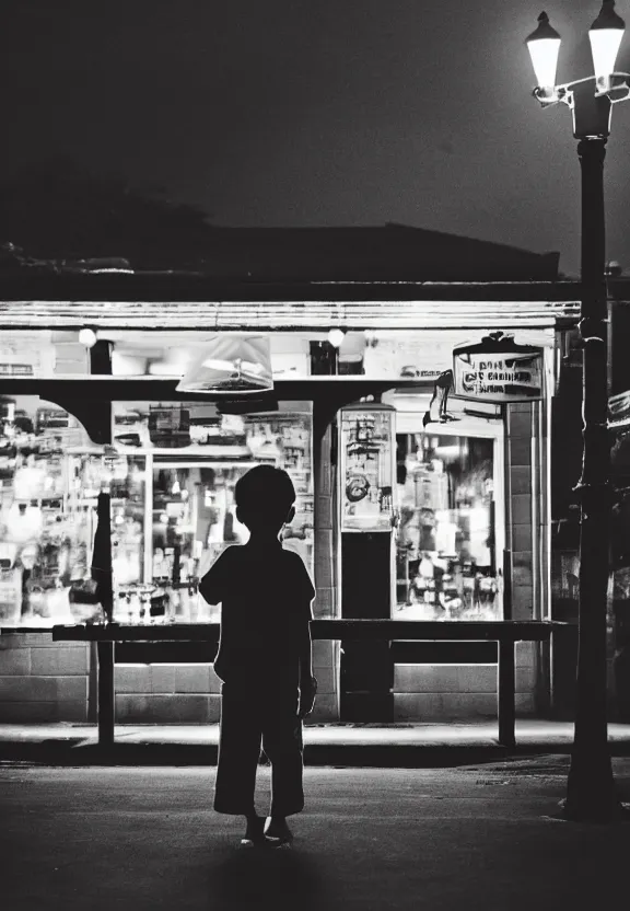 Image similar to little boy holding an umbrella in front of a bar at night, full moon, minimalist, black and white artwork