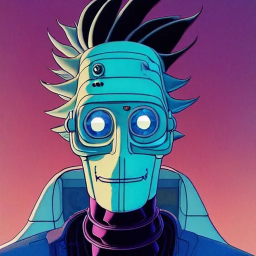 Image similar to bender futuristic rick sanchez futurama portrait by charles vess and james jean and erik jones and rhads, inspired by ghost in the shell, beautiful fine face features, intricate high details, sharp, ultradetailed