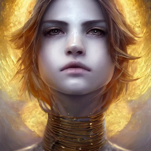 Prompt: Final Fantasy white mage character portrait, symmetrical face, cinematic lighting, glowing golden eyes, hyper-detailed, cgsociety, 8k, high resolution, in the style of Charlie Bowater, Tom Bagshaw, Artgerm, single face, symmetrical, headshot photograph, insanely detailed and intricate, beautiful, elegant, watercolor, cinematic, portrait, Raphaelite, headroom, artstation