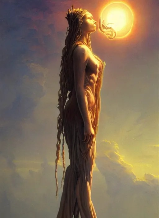 Image similar to biblical beautiful female druid android, birdlike, glowing veins, in clouds, sunset, portrait by wayne barlowe, by peter elson, by anato finnstark, muted colors, by frank frazetta, extreme detail, reflections, trending on artstation, 8 k