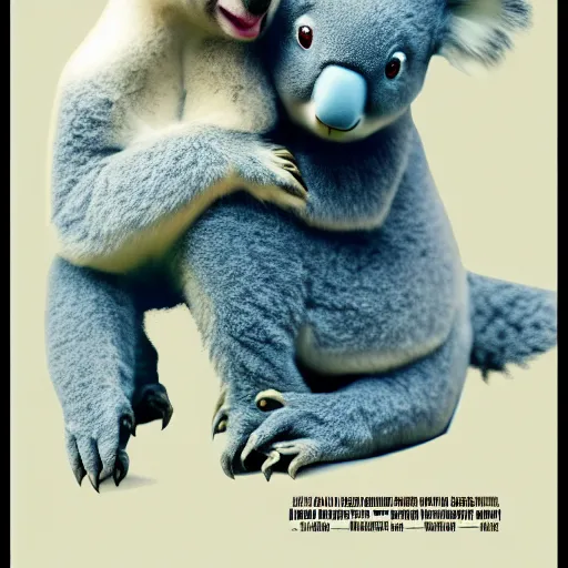 Image similar to Poster for a film about A man and his pet koala, the two characters in foreground, light blue background, minimalist, aesthetic, pinterest, simplistic, film grain, indie film
