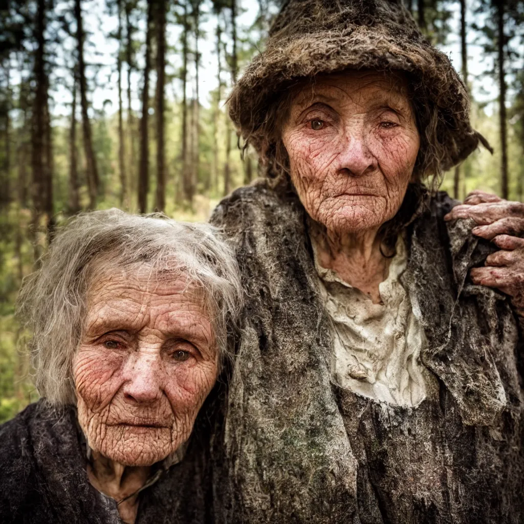 Image similar to close up portrait of an old woman with sinister face and dirty clothes standing outside of an old cabin, forest in the background, bokeh, depth of field, dramatic lighting, cinematic, vivid colors, matte painting, vivid color scheme