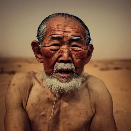 Prompt: floating old asian man with beard, his head covered in jewels, full face occult silver mask, glowing eyes, wearing a large carved wooden stick, smoke around him, in the dry rock desert, cinematic shot, wide angle, desert background, award winning photography, 8k, in the style of David Lynch, Alejandro Jodorowsky and Gaspar Noe