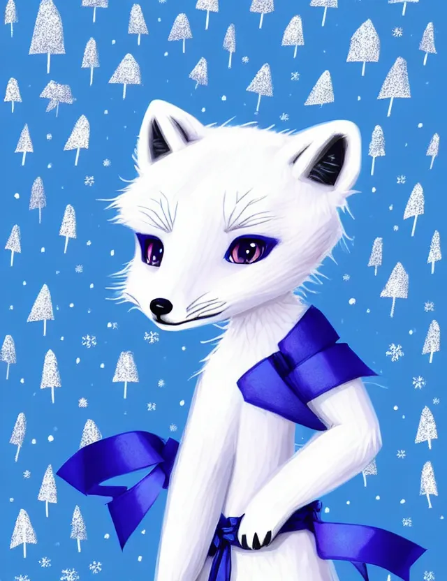 Image similar to a cute anthropomorphic arctic fox girl anthro wearing an indigo ribbon, winter park background, very anime!!! kawaii!! furry!! intricate details, aesthetically complementary colors, scenic background, art by rising artists with a radically new style. trending on artstation, top rated on pixiv and furaffinity