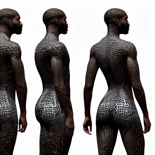 Prompt: : black human with maze pattern skin all over hyper detailed art station  dalle2 unity contest winners unrealengine trending on artstation,cinematic, hyper realism, high detail, octane render, 8k