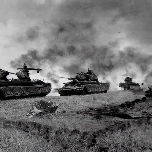 Image similar to black and white photo Dragons in Battle of Kursk WWII, dragons flying, tanks